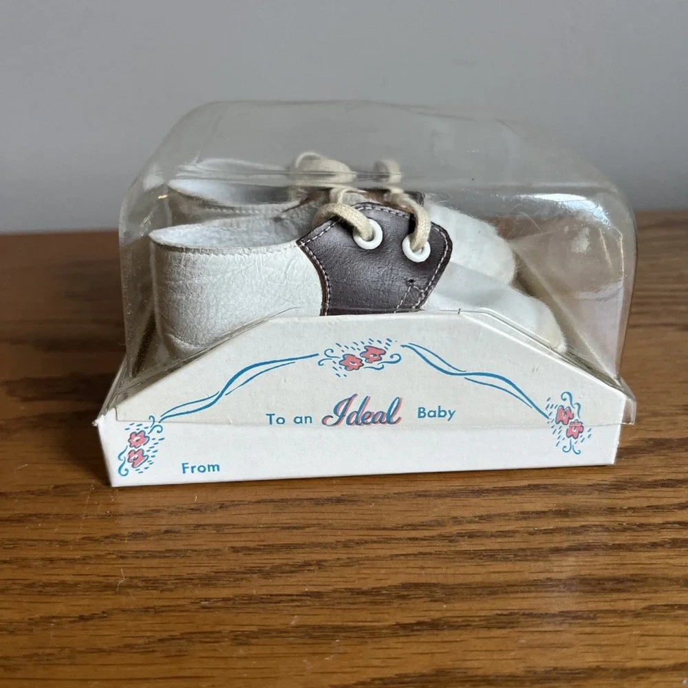Vintage Mrs. Days Ideal Infant Saddle Shoes Sz 1 Soft Leather Brown White w/box